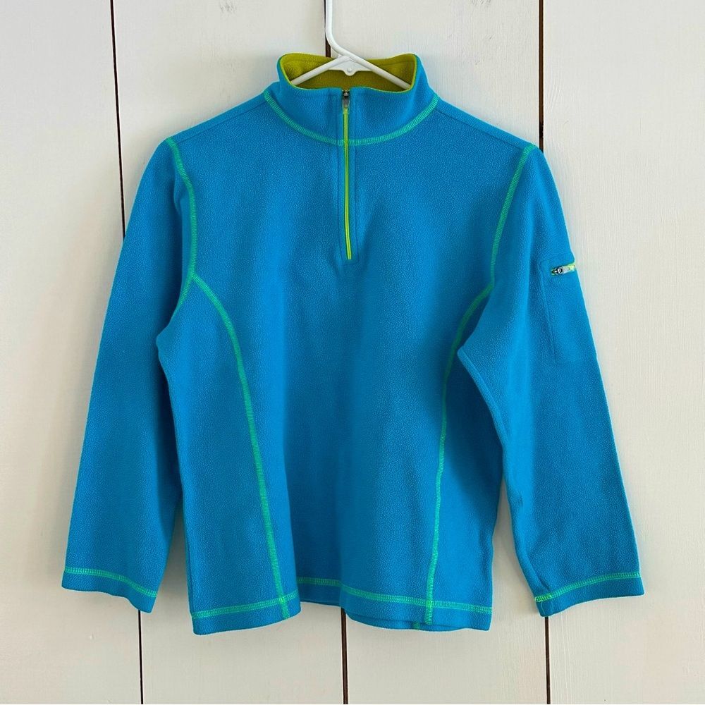 LL Bean Fleece Quarter Zip Fleece Sweater Kids Large (14-16) Blue/Chartreuse